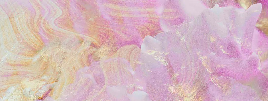 Swirls of soft pink and gold create an abstract, marble-like texture. The smooth surface has hints of white and delicate layers, evoking a dreamy and elegant mood.