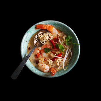 Noodle soup with shrimps in bowl Noodle soup with shrimps in bowl